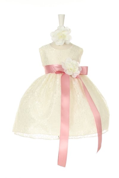ivory lace infant dress with rose sash